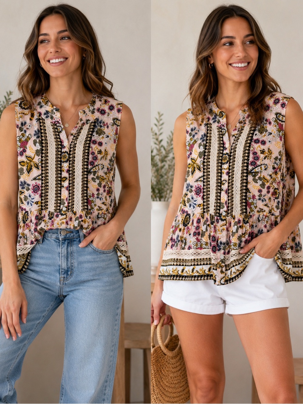 Blue Tassel Floral Sleeveless V-Neck Tank Top